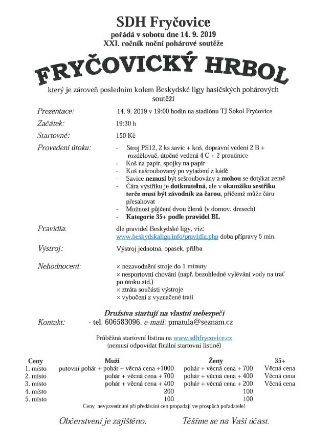 plakát-SDH SDH Fryčovice pořádá XXI. ročník noční pohárové soutěže FRYČOVICKÝ HRBOL